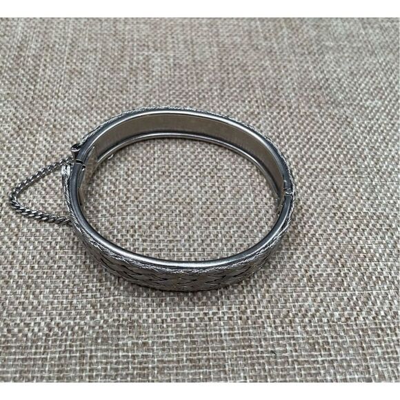 Silver Tone Bangle Cuff Bracelet Woven Basket Pattern Unisex - Picture 3 of 6